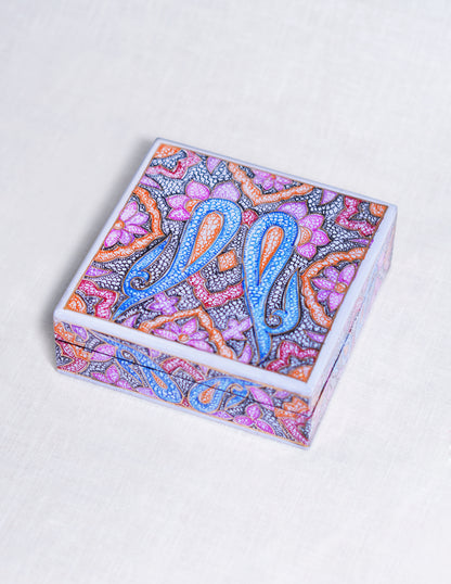 Handmade Kashmir Papier-Mâché Coaster Set — Hand-Painted Design | 11 cm (L) × 11 cm (B) × 3.5 cm (H)