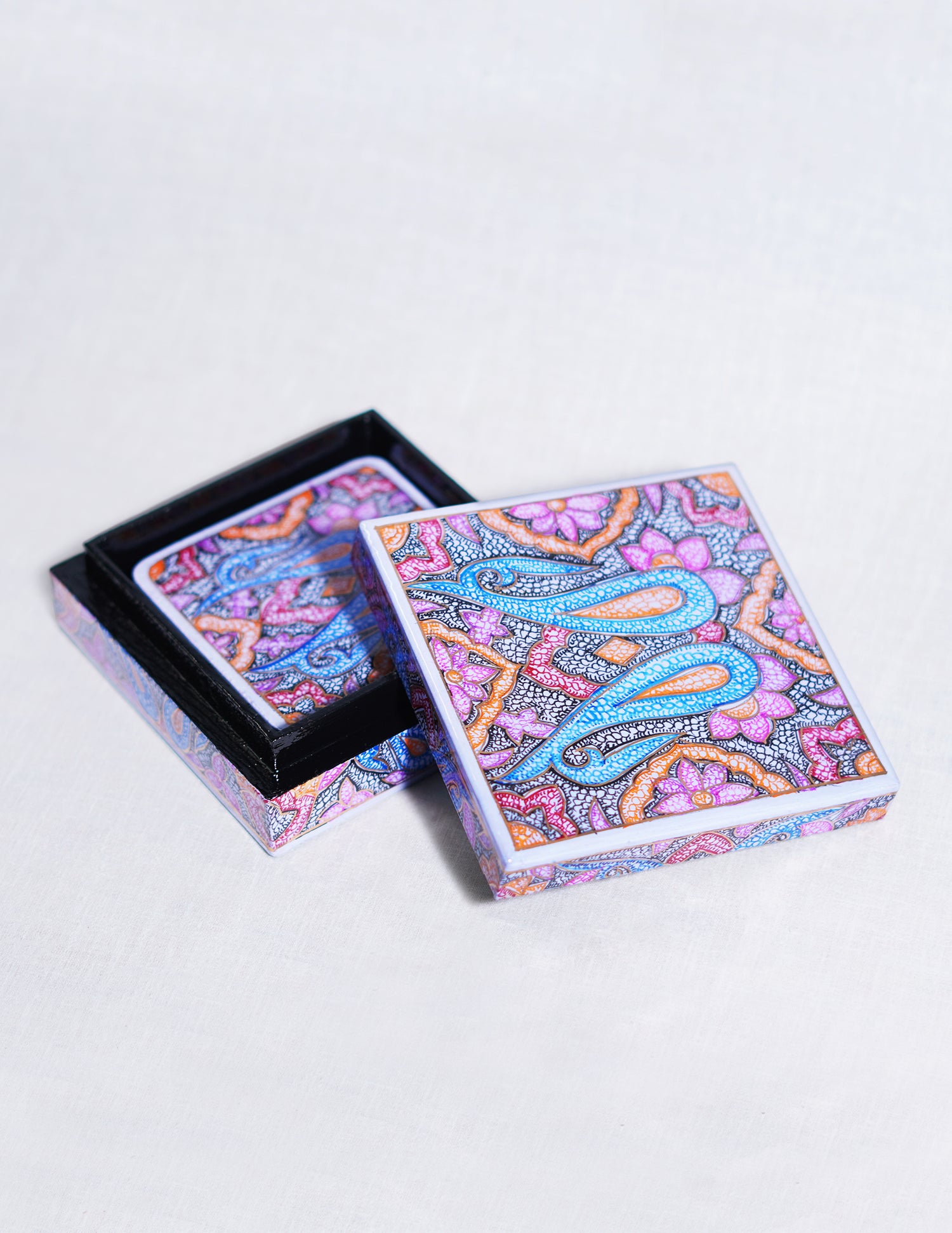 Handmade Kashmir Papier-Mâché Coaster Set — Hand-Painted Design | 11 cm (L) × 11 cm (B) × 3.5 cm (H)