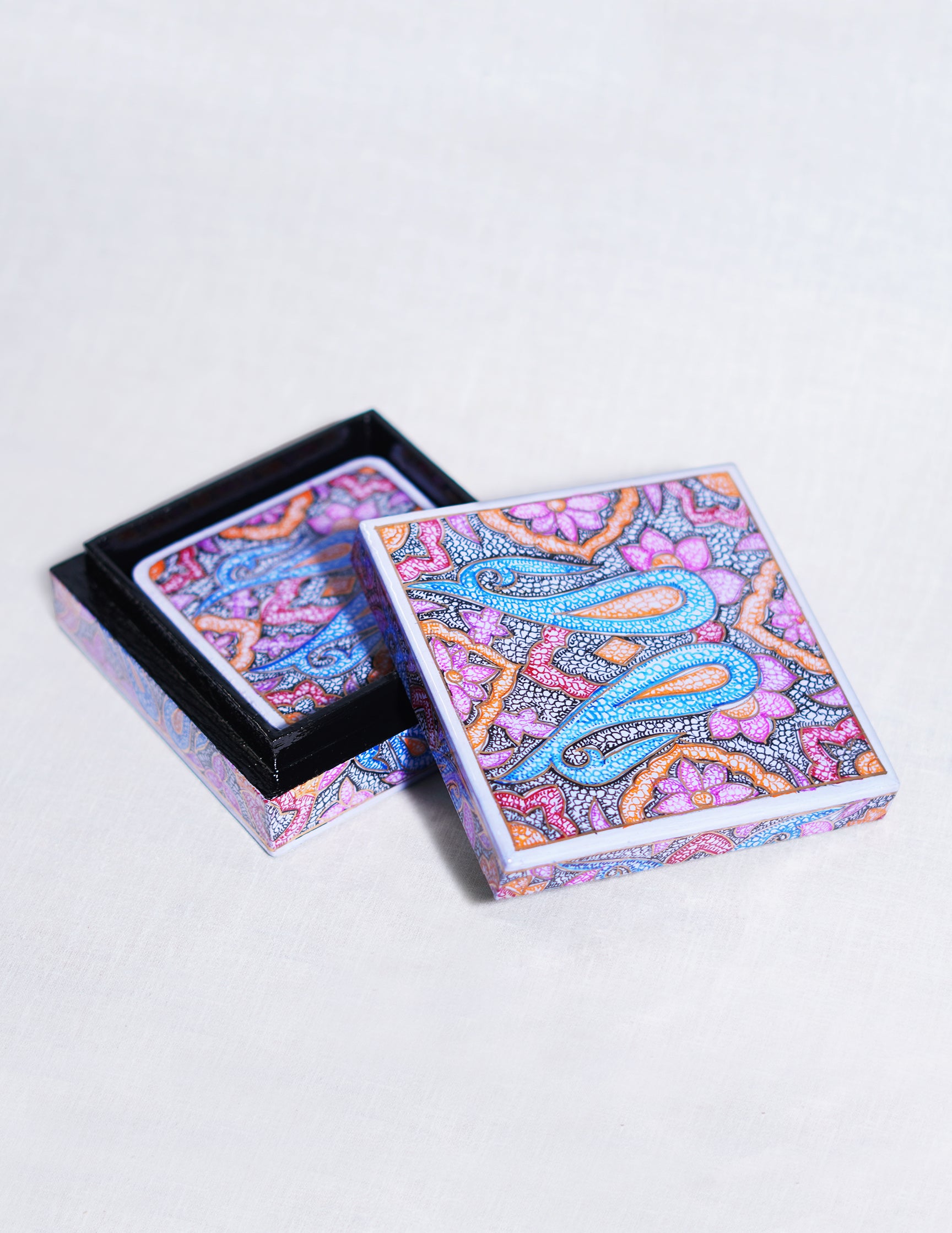 Handmade Kashmir Papier-Mâché Coaster Set — Hand-Painted Design | 11 cm (L) × 11 cm (B) × 3.5 cm (H)