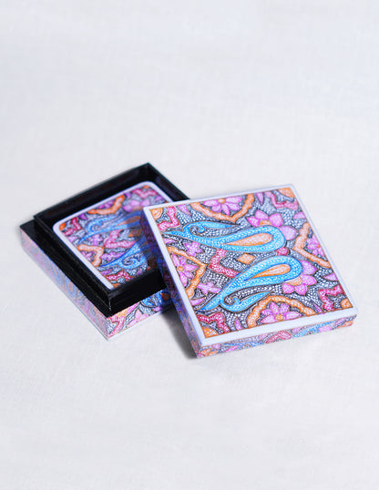 Handmade Kashmir Papier-Mâché Coaster Set — Hand-Painted Design | 11 cm (L) × 11 cm (B) × 3.5 cm (H)