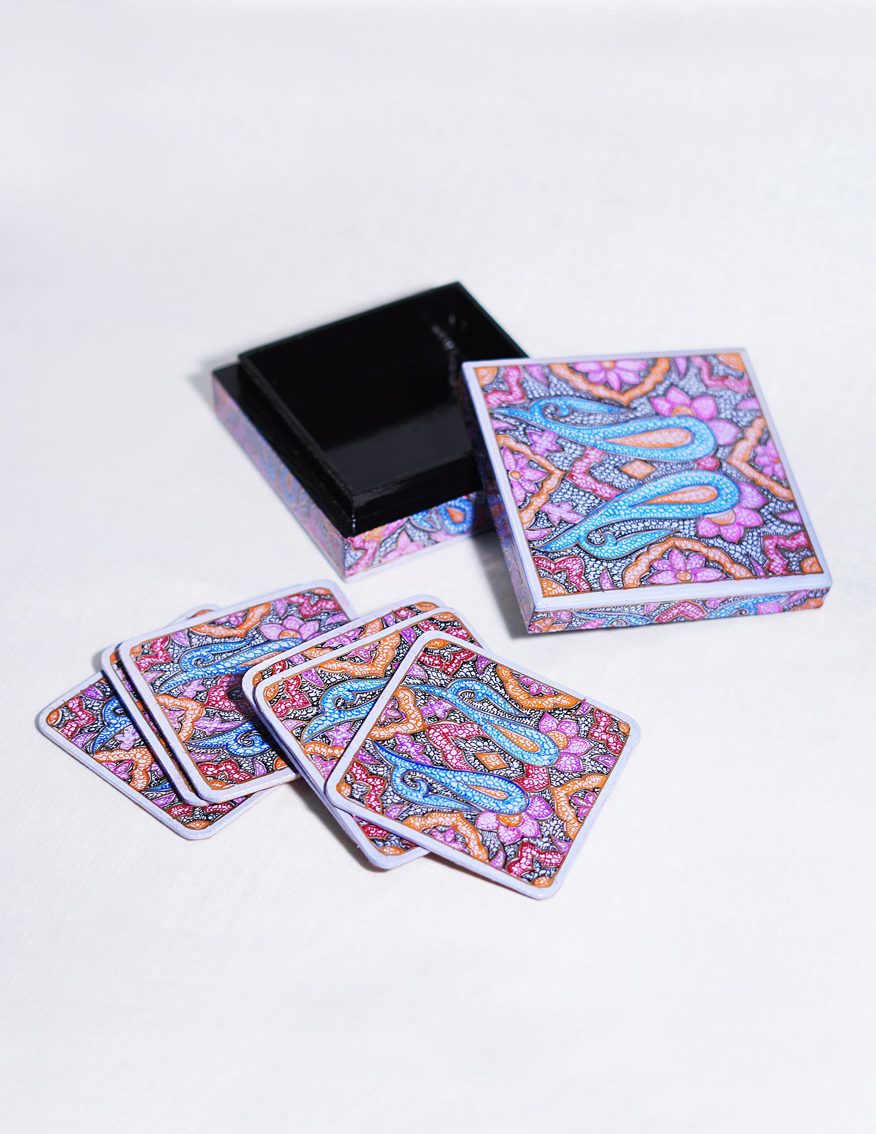 Handmade Kashmir Papier-Mâché Coaster Set — Hand-Painted Design | 11 cm (L) × 11 cm (B) × 3.5 cm (H)