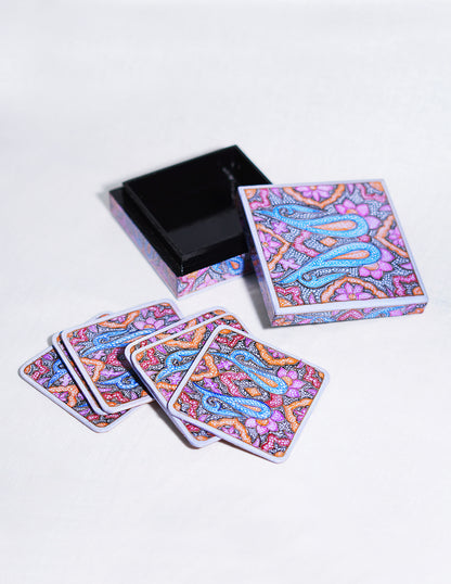 Handmade Kashmir Papier-Mâché Coaster Set — Hand-Painted Design | 11 cm (L) × 11 cm (B) × 3.5 cm (H)