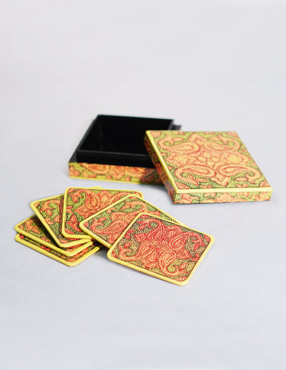 Handmade Kashmir Papier-Mâché Coaster Set — Hand-Painted Design | 11 cm (L) × 11 cm (B) × 3.5 cm (H)