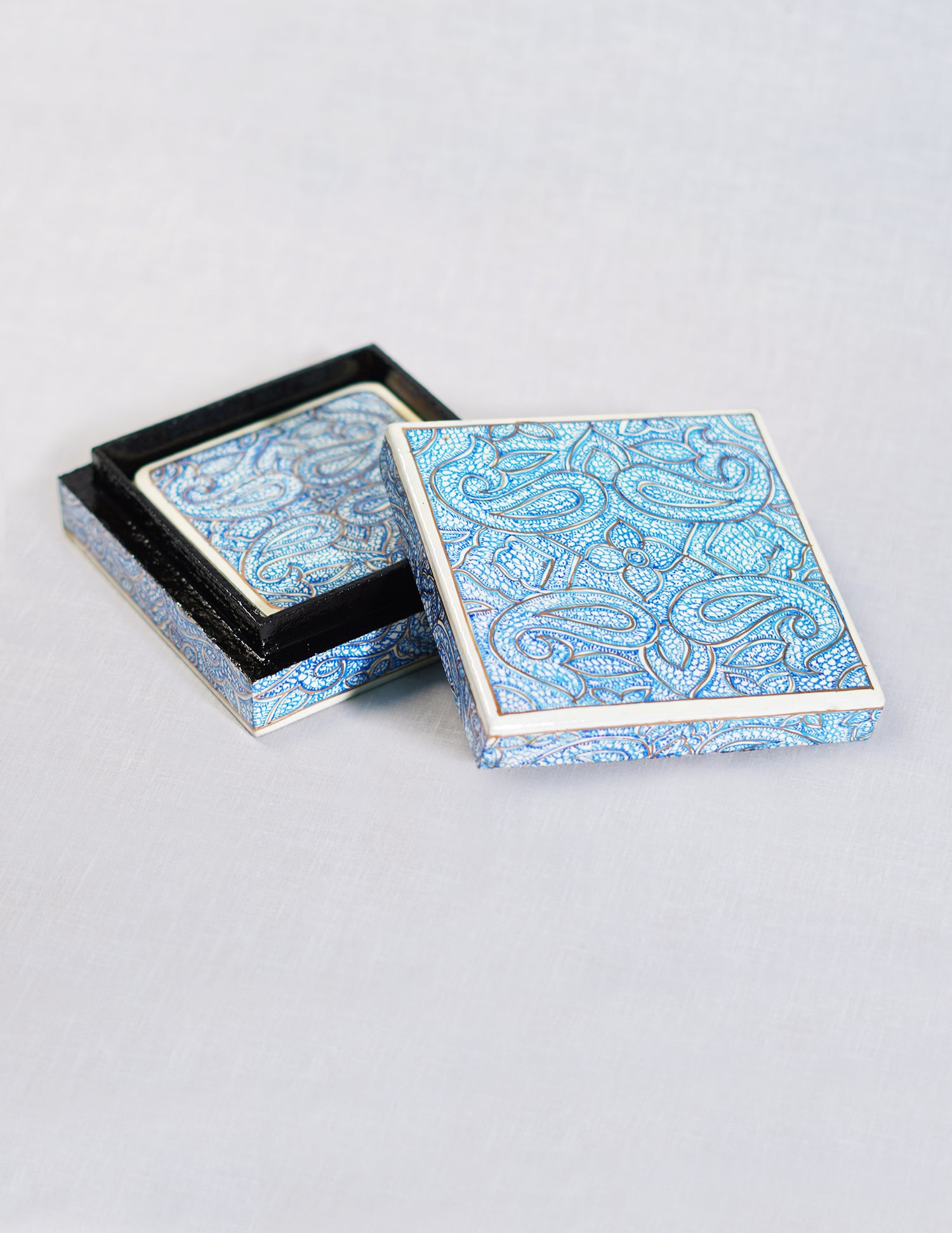 Handmade Kashmir Papier-Mâché Coaster Set — Hand-Painted Design | 11 cm (L) × 11 cm (B) × 3.5 cm (H)