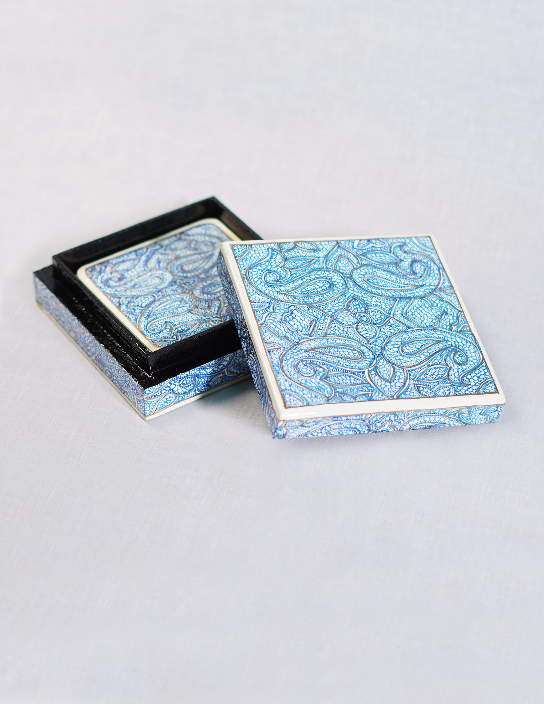 Handmade Kashmir Papier-Mâché Coaster Set — Hand-Painted Design | 11 cm (L) × 11 cm (B) × 3.5 cm (H)