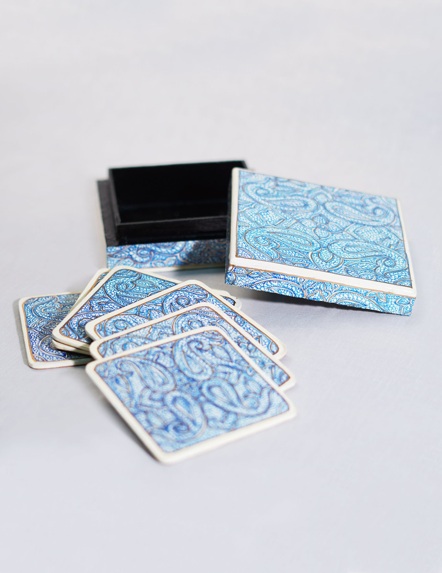 Handmade Kashmir Papier-Mâché Coaster Set — Hand-Painted Design | 11 cm (L) × 11 cm (B) × 3.5 cm (H)