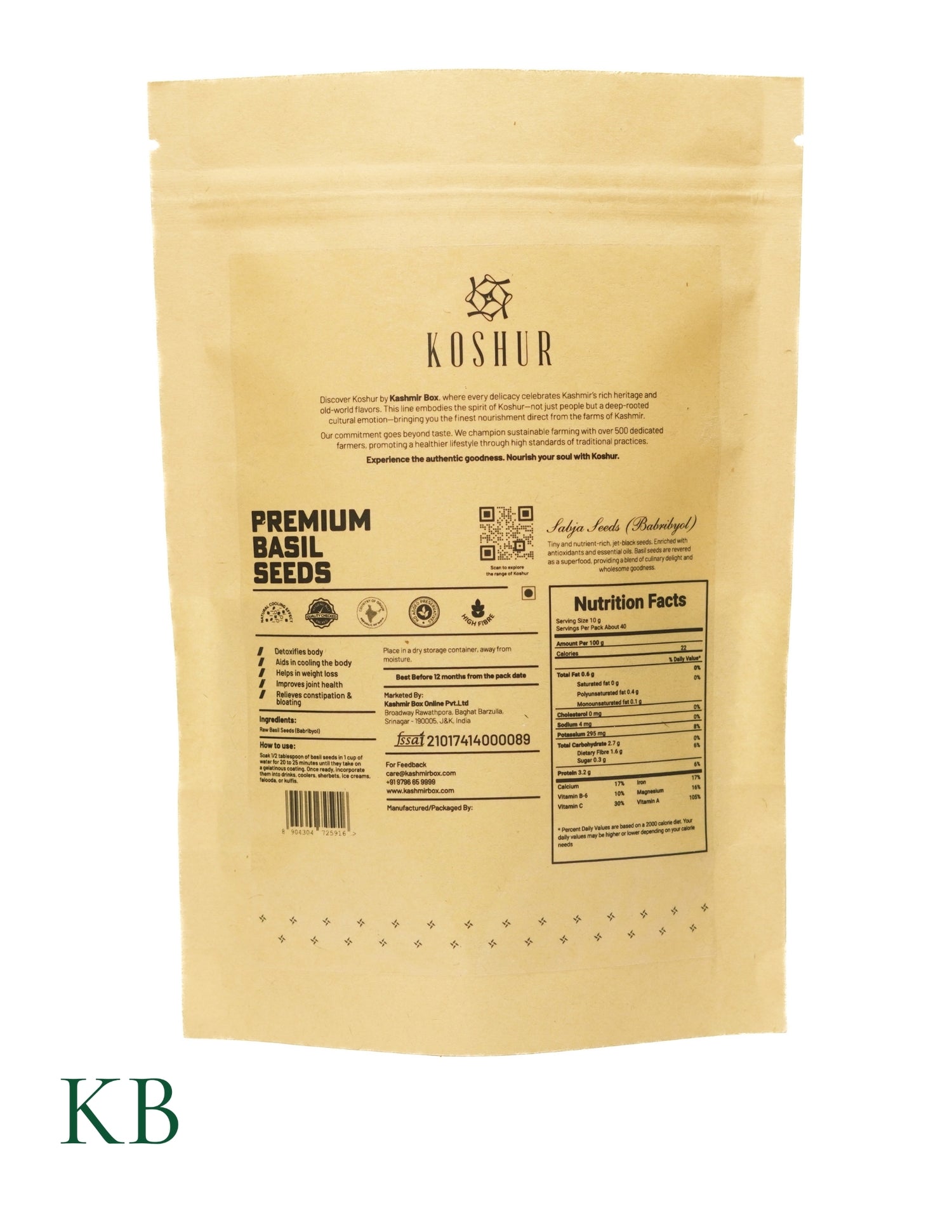 Koshur - Premium Basil Seeds| Sabja | Babri byol | Tukmaria Seeds | Superfood Coolant  | Rich Dietary Fibre and Omega 3 | Best for Weight Management - Kashmir Box