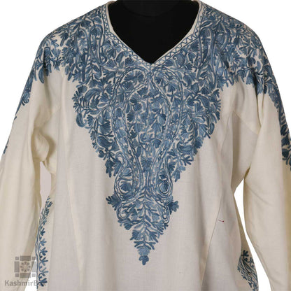 White Blue Paisley Embroidered Phiran - Kashmir Box