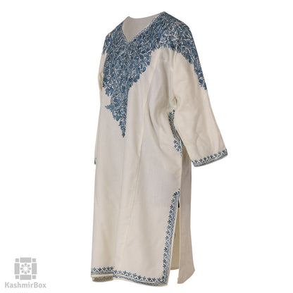 White Blue Paisley Embroidered Phiran - Kashmir Box