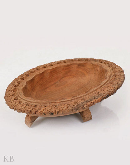Handcrafted Narcissus Engraved Walnut Wood Bowl - Kashmir Box