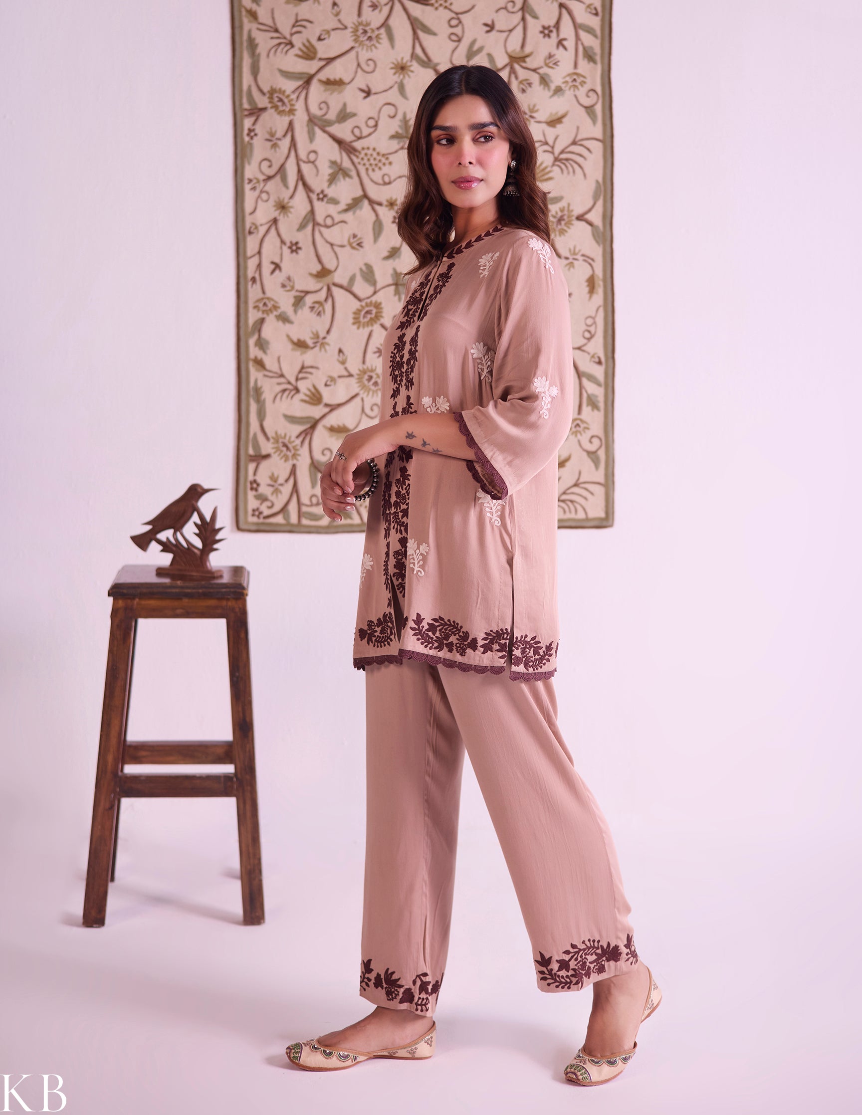 Mocha–Ivory Modal Satin Coord Set with Fine Aari Embroidery — Bulbul Collection | Kashmiri Summer Festive Wear - Kashmir Box