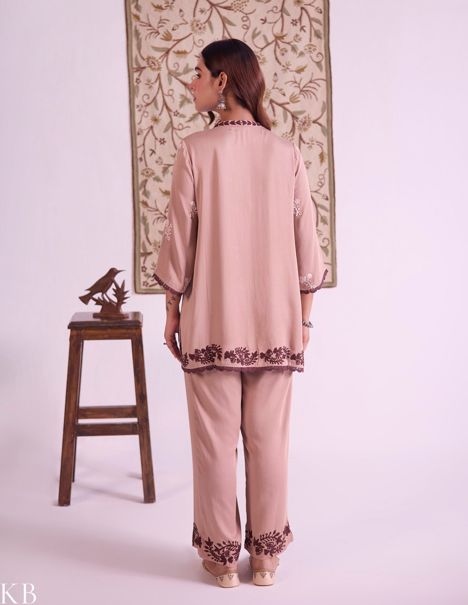 Mocha–Ivory Modal Satin Coord Set with Fine Aari Embroidery — Bulbul Collection | Kashmiri Summer Festive Wear - Kashmir Box