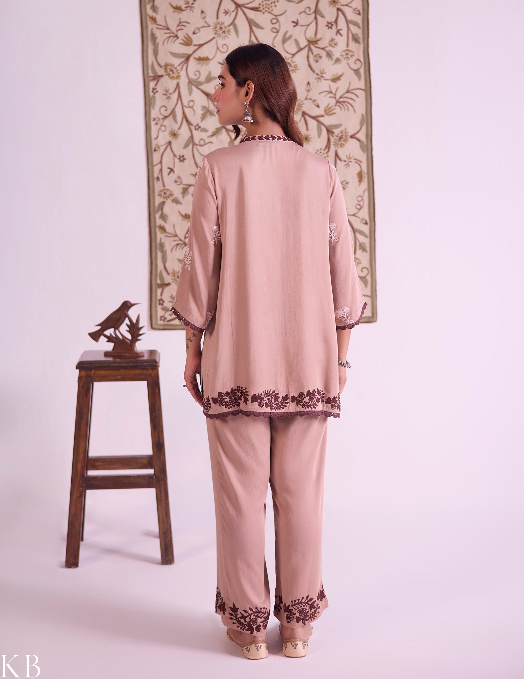 Mocha–Ivory Modal Satin Coord Set with Fine Aari Embroidery — Bulbul Collection | Kashmiri Summer Festive Wear - Kashmir Box