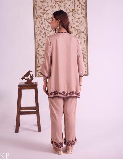 Mocha–Ivory Modal Satin Coord Set with Fine Aari Embroidery — Bulbul Collection | Kashmiri Summer Festive Wear - Kashmir Box