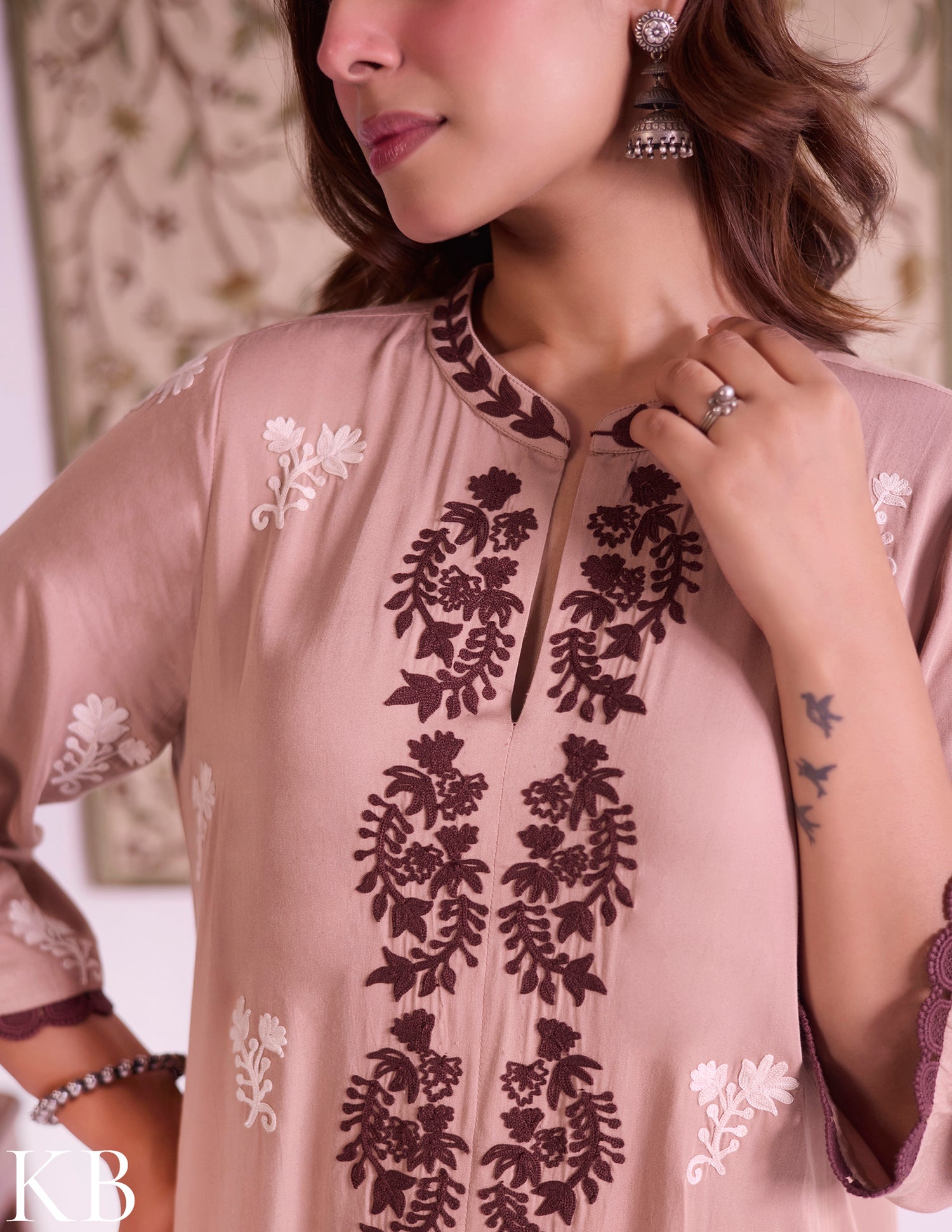 Mocha–Ivory Modal Satin Coord Set with Fine Aari Embroidery — Bulbul Collection | Kashmiri Summer Festive Wear - Kashmir Box