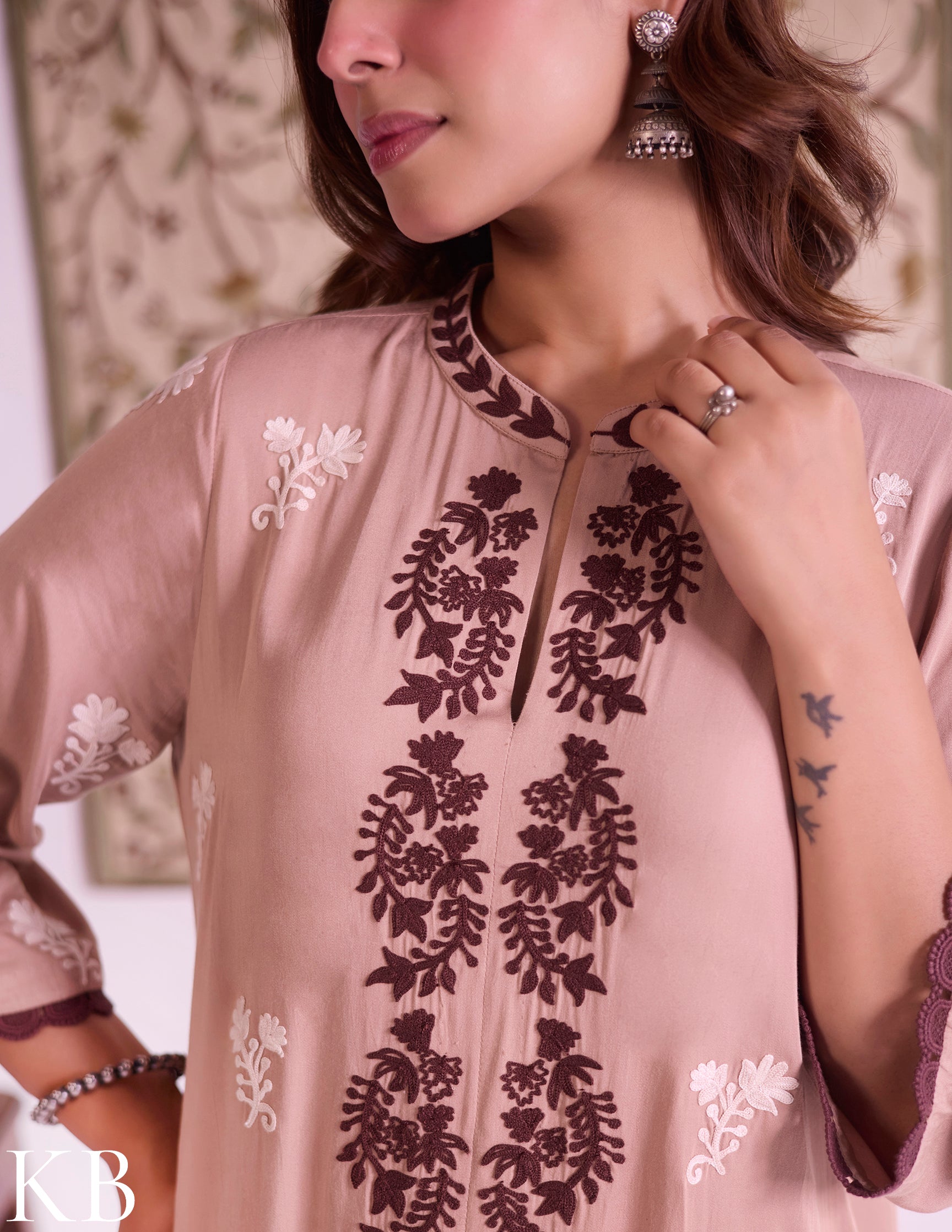 Mocha–Ivory Modal Satin Coord Set with Fine Aari Embroidery — Bulbul Collection | Kashmiri Summer Festive Wear - Kashmir Box