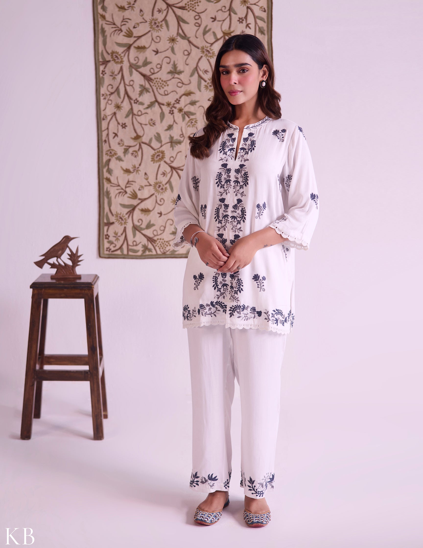 White–Grey Modal Satin Coord Set with Fine Aari Embroidery — Bulbul Collection | Kashmiri Summer Festive Wear - Kashmir Box
