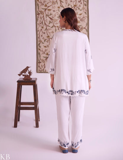 White–Grey Modal Satin Coord Set with Fine Aari Embroidery — Bulbul Collection | Kashmiri Summer Festive Wear - Kashmir Box