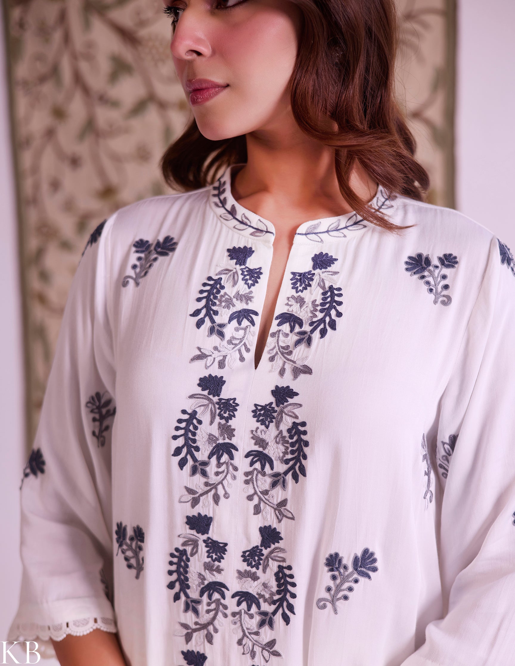 White–Grey Modal Satin Coord Set with Fine Aari Embroidery — Bulbul Collection | Kashmiri Summer Festive Wear - Kashmir Box