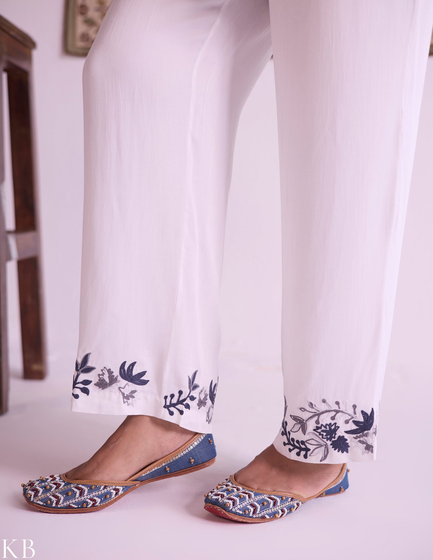 White–Grey Modal Satin Coord Set with Fine Aari Embroidery — Bulbul Collection | Kashmiri Summer Festive Wear - Kashmir Box