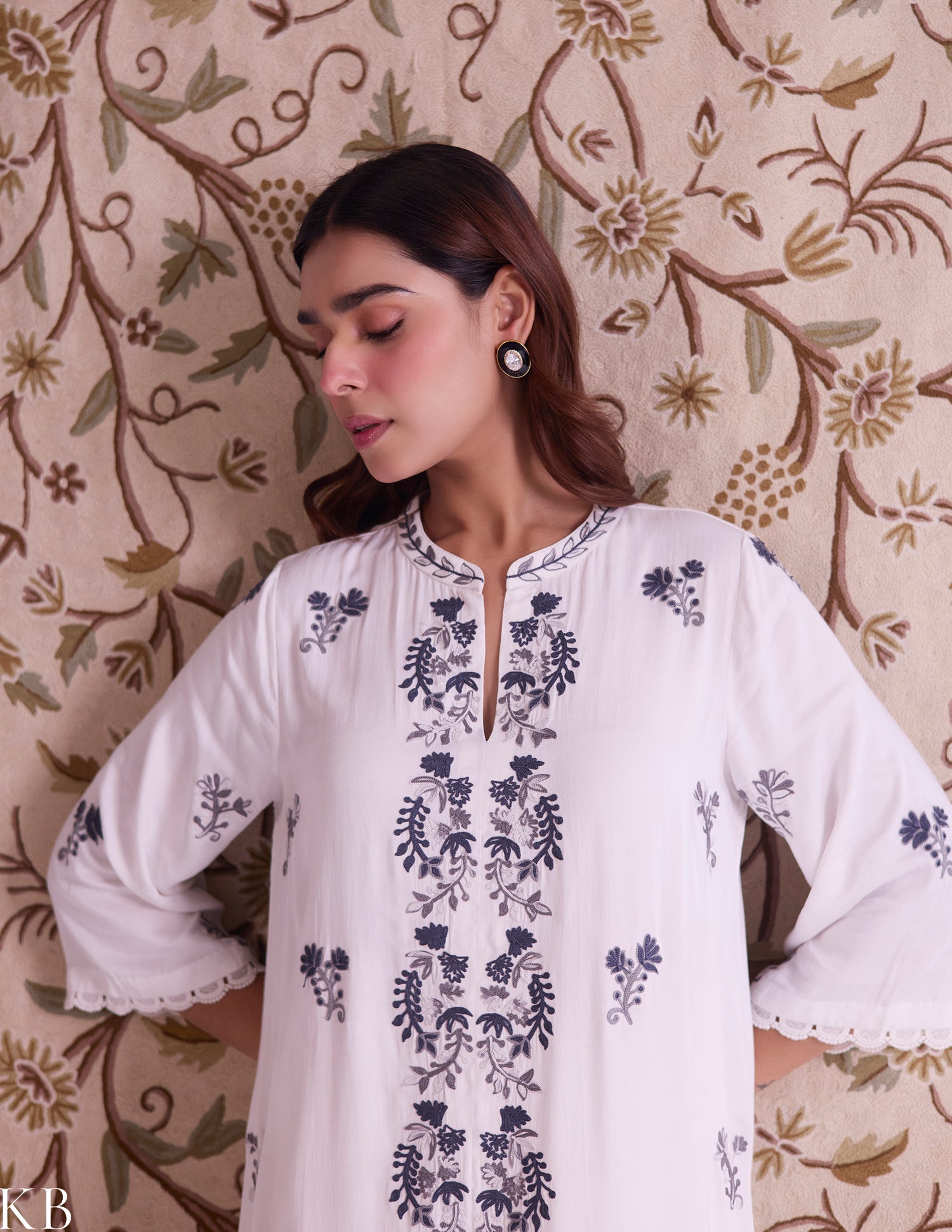 White–Grey Modal Satin Coord Set with Fine Aari Embroidery — Bulbul Collection | Kashmiri Summer Festive Wear - Kashmir Box