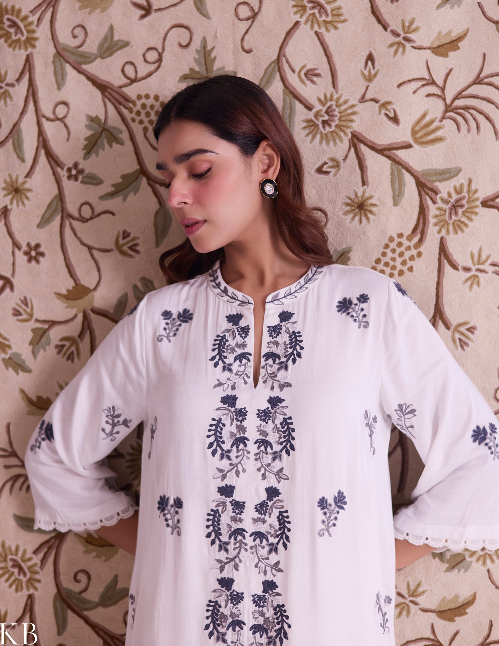 White–Grey Modal Satin Coord Set with Fine Aari Embroidery — Bulbul Collection | Kashmiri Summer Festive Wear - Kashmir Box