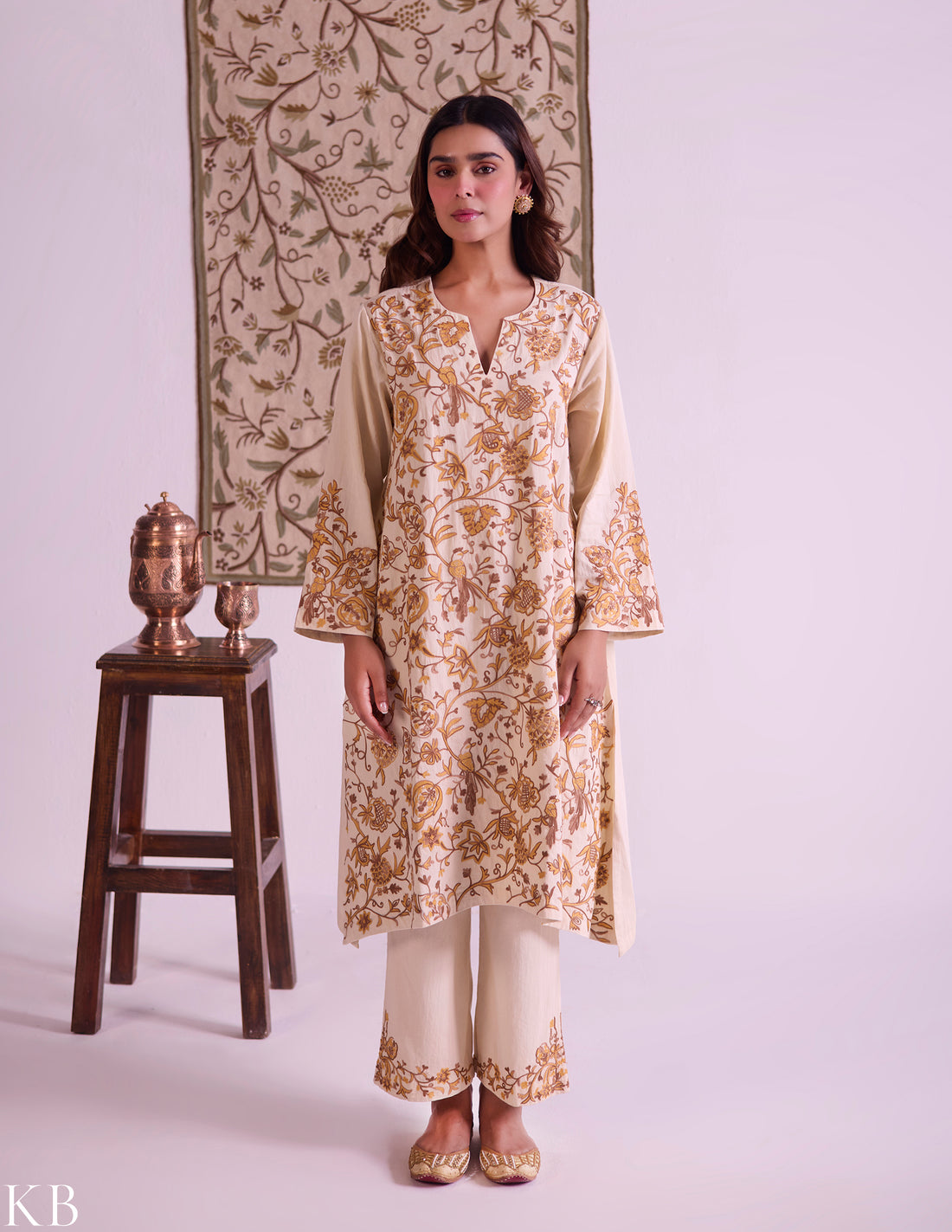 Yellow Cotton Satin Suit Set with Fine Aari Embroidery &amp; Organza Dupatta — Bulbul Collection | Kashmiri Summer Festive Wear - Kashmir Box