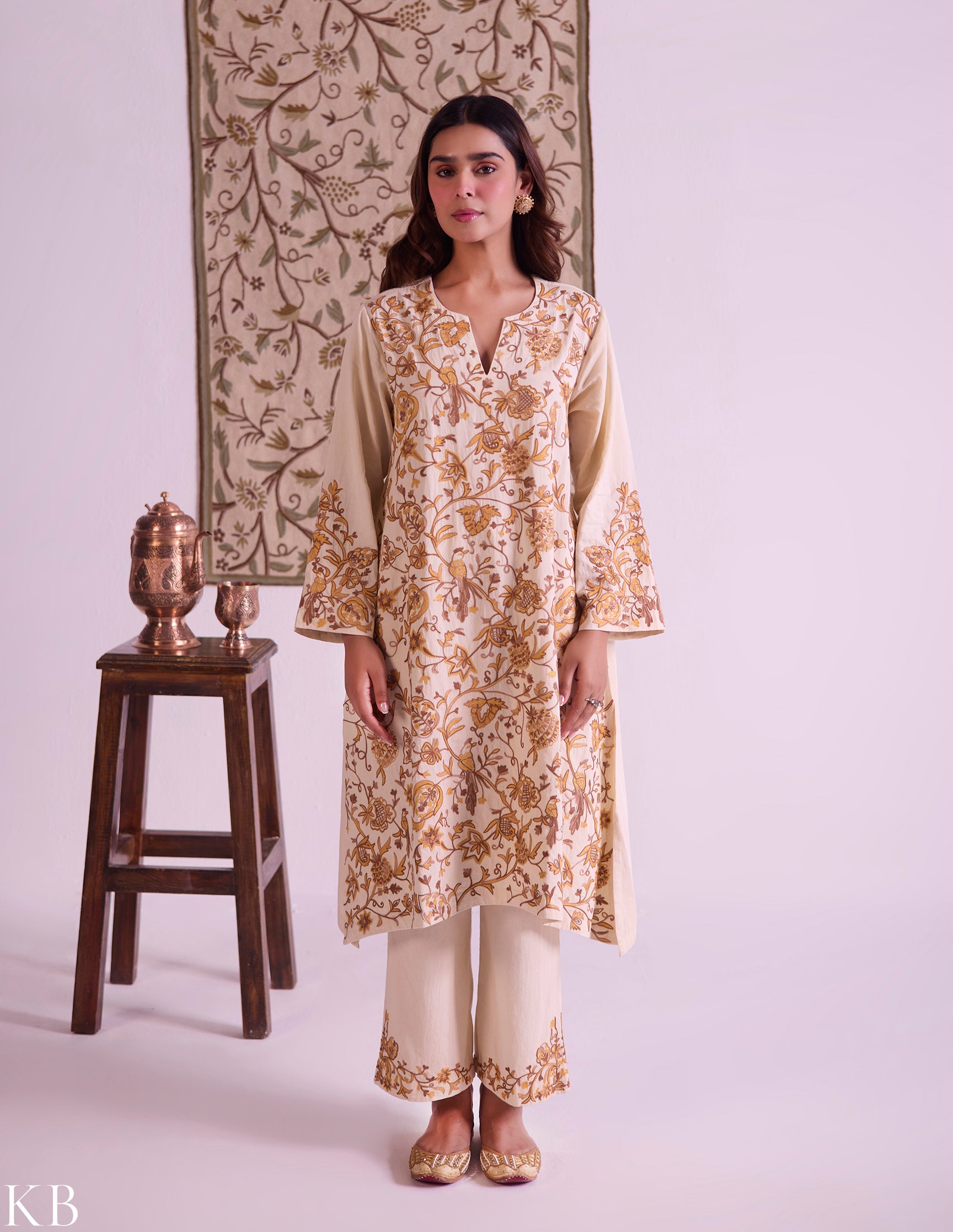 Yellow Cotton Satin Suit Set with Fine Aari Embroidery &amp; Organza Dupatta — Bulbul Collection | Kashmiri Summer Festive Wear - Kashmir Box