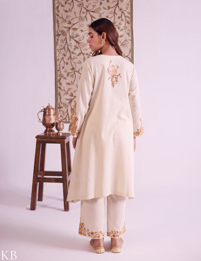 Yellow Cotton Satin Suit Set with Fine Aari Embroidery &amp; Organza Dupatta — Bulbul Collection | Kashmiri Summer Festive Wear - Kashmir Box