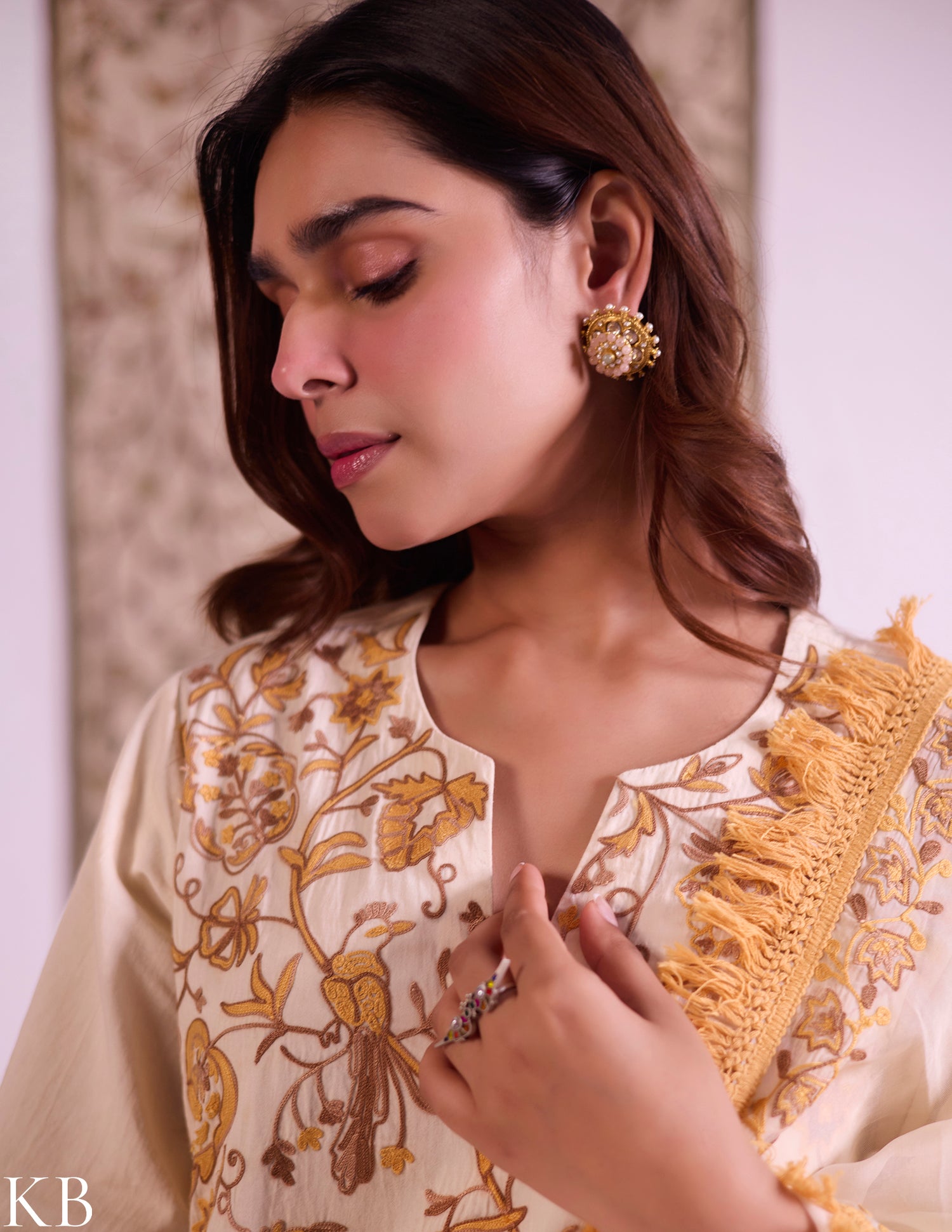 Yellow Cotton Satin Suit Set with Fine Aari Embroidery &amp; Organza Dupatta — Bulbul Collection | Kashmiri Summer Festive Wear - Kashmir Box