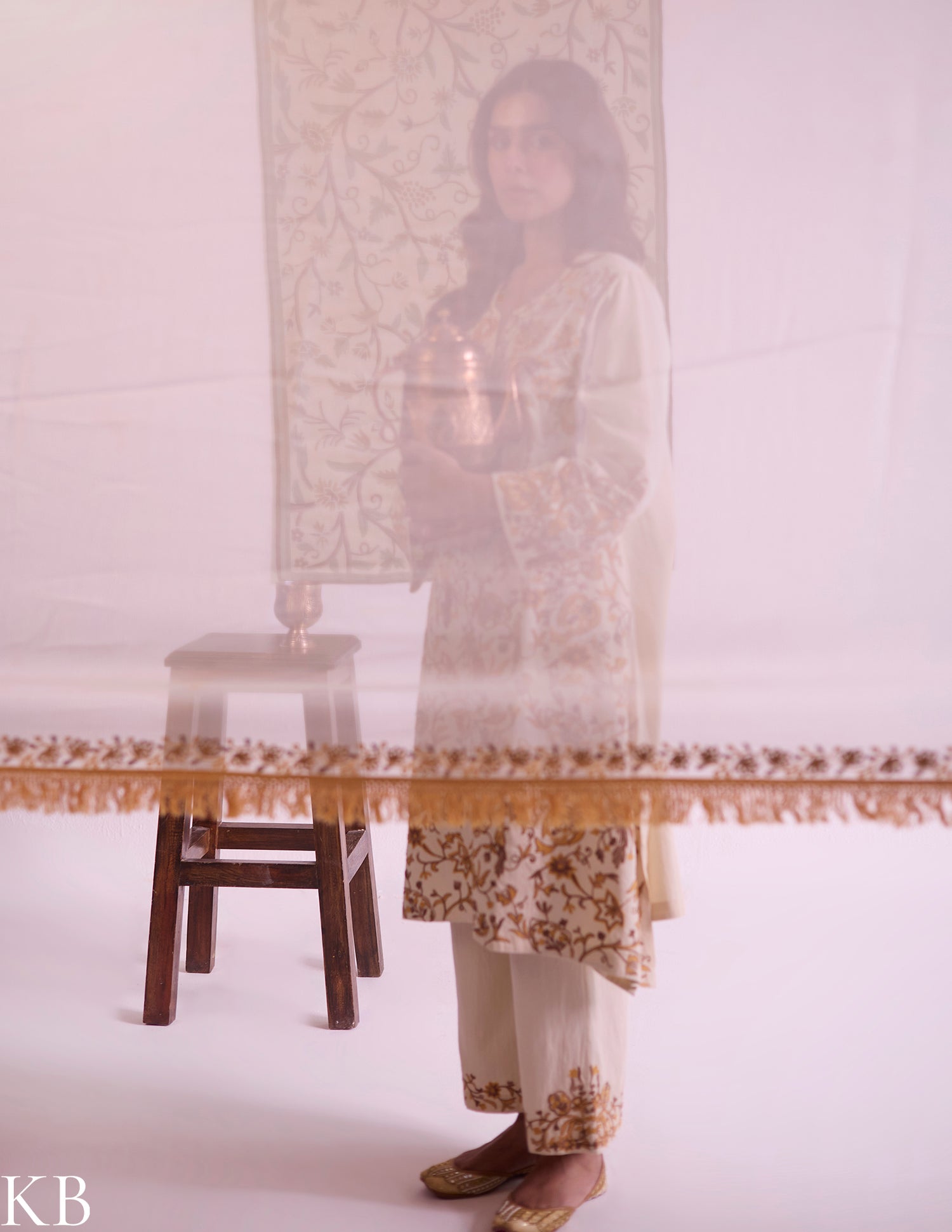 Yellow Cotton Satin Suit Set with Fine Aari Embroidery &amp; Organza Dupatta — Bulbul Collection | Kashmiri Summer Festive Wear - Kashmir Box