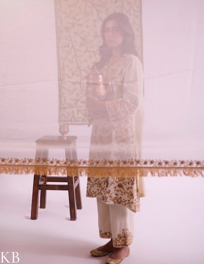 Yellow Cotton Satin Suit Set with Fine Aari Embroidery &amp; Organza Dupatta — Bulbul Collection | Kashmiri Summer Festive Wear - Kashmir Box