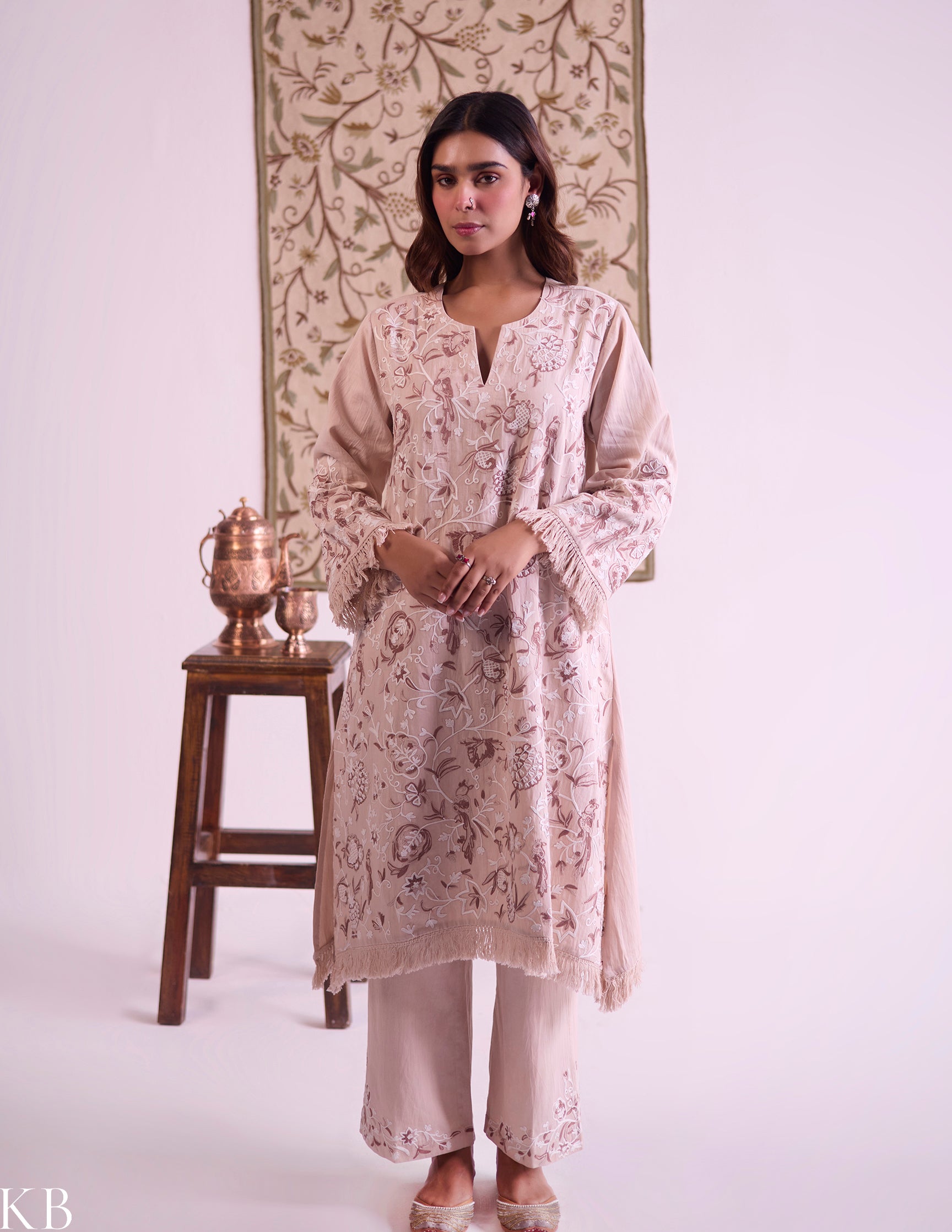 Beige Cotton Satin Suit Set with Fine Aari Embroidery &amp; Organza Dupatta — Bulbul Collection | Kashmiri Summer Festive Wear - Kashmir Box