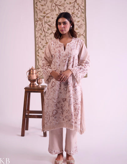 Beige Cotton Satin Suit Set with Fine Aari Embroidery &amp; Organza Dupatta — Bulbul Collection | Kashmiri Summer Festive Wear - Kashmir Box