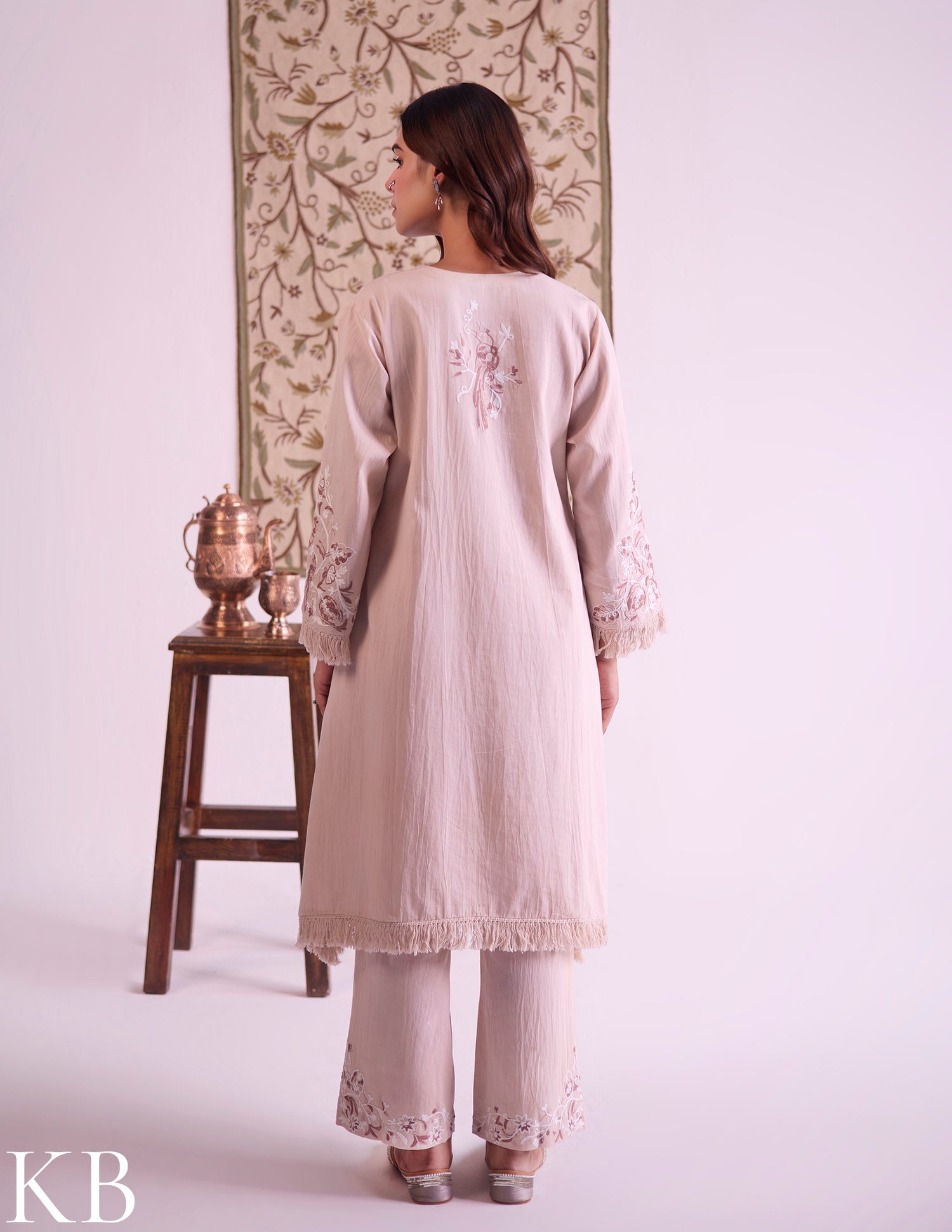 Beige Cotton Satin Suit Set with Fine Aari Embroidery &amp; Organza Dupatta — Bulbul Collection | Kashmiri Summer Festive Wear - Kashmir Box