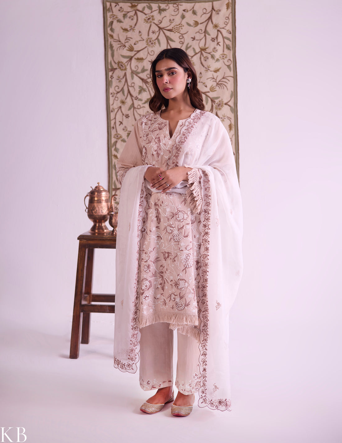 Beige Cotton Satin Suit Set with Fine Aari Embroidery &amp; Organza Dupatta — Bulbul Collection | Kashmiri Summer Festive Wear - Kashmir Box