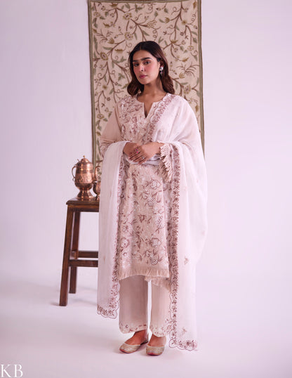 Beige Cotton Satin Suit Set with Fine Aari Embroidery &amp; Organza Dupatta — Bulbul Collection | Kashmiri Summer Festive Wear - Kashmir Box