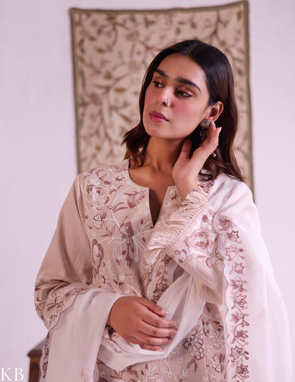 Beige Cotton Satin Suit Set with Fine Aari Embroidery &amp; Organza Dupatta — Bulbul Collection | Kashmiri Summer Festive Wear - Kashmir Box