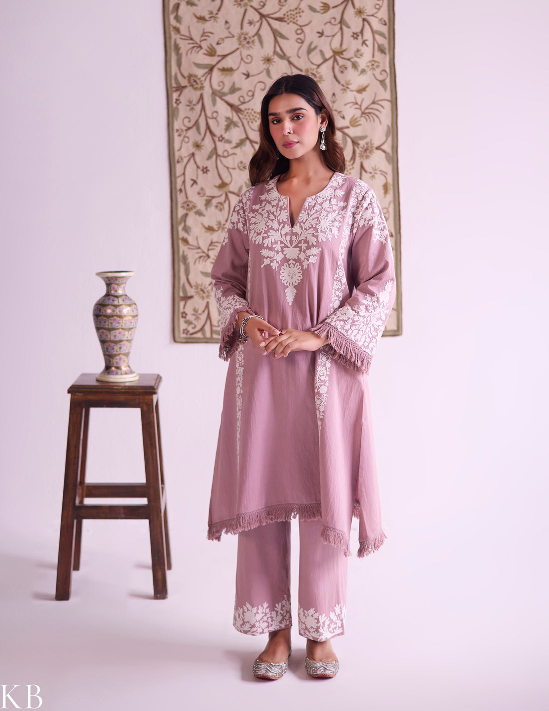 Mauve Cotton Satin Suit Set with Fine Aari Embroidery &amp; Organza Dupatta — Bulbul Collection | Kashmiri Summer Festive Wear - Kashmir Box