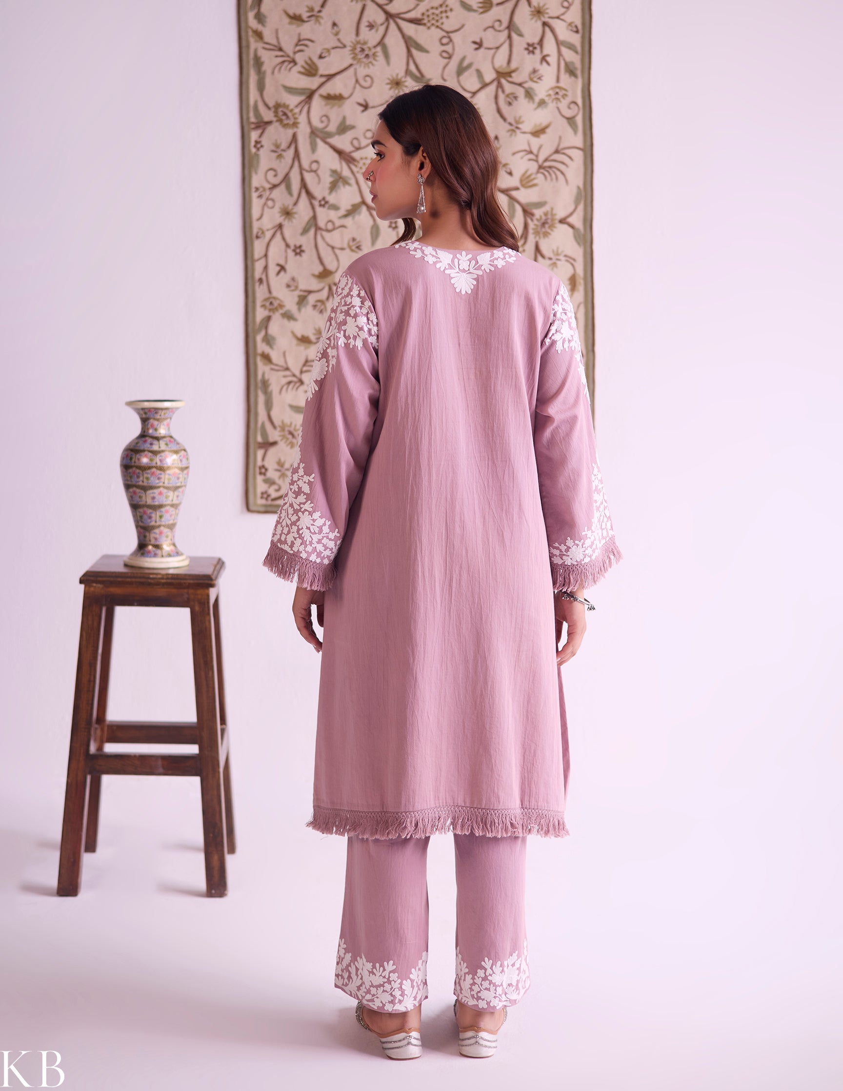 Mauve Cotton Satin Suit Set with Fine Aari Embroidery &amp; Organza Dupatta — Bulbul Collection | Kashmiri Summer Festive Wear - Kashmir Box