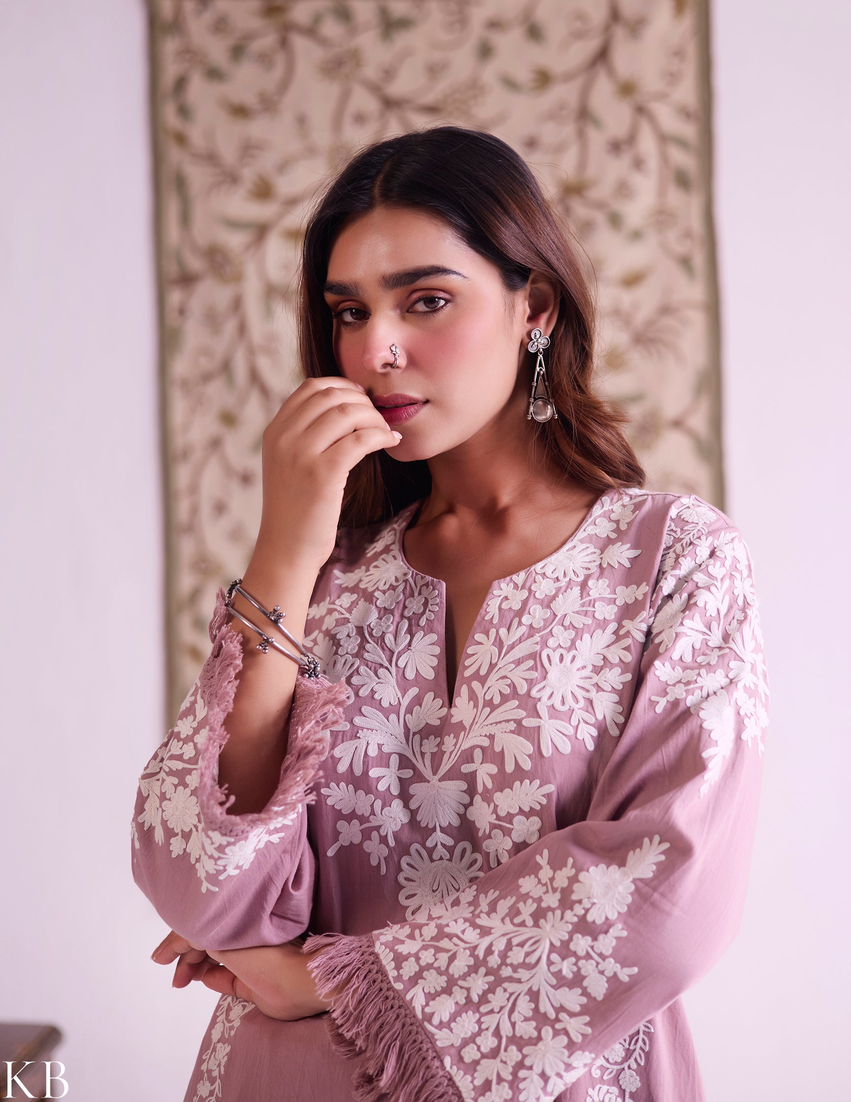 Mauve Cotton Satin Suit Set with Fine Aari Embroidery &amp; Organza Dupatta — Bulbul Collection | Kashmiri Summer Festive Wear - Kashmir Box