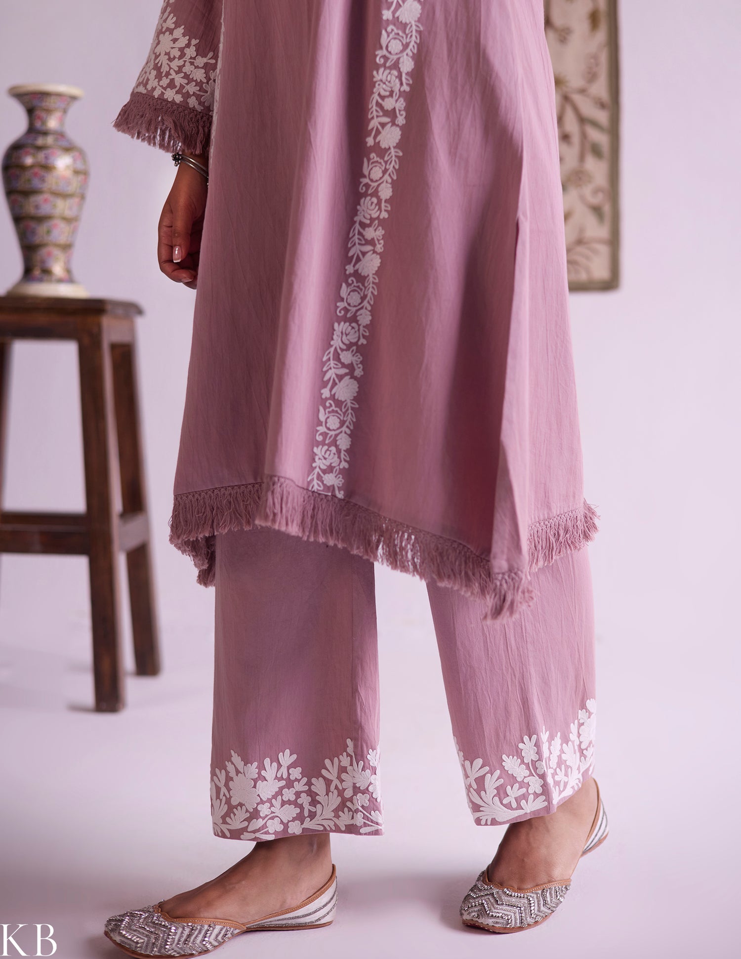 Mauve Cotton Satin Suit Set with Fine Aari Embroidery &amp; Organza Dupatta — Bulbul Collection | Kashmiri Summer Festive Wear - Kashmir Box