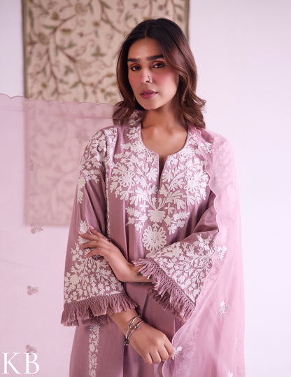 Mauve Cotton Satin Suit Set with Fine Aari Embroidery &amp; Organza Dupatta — Bulbul Collection | Kashmiri Summer Festive Wear - Kashmir Box