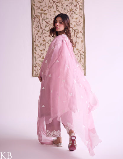Mauve Cotton Satin Suit Set with Fine Aari Embroidery &amp; Organza Dupatta — Bulbul Collection | Kashmiri Summer Festive Wear - Kashmir Box