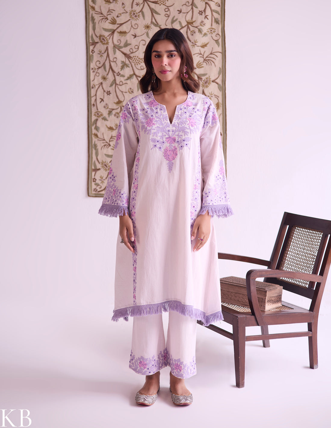 Baby Pink Cotton Satin Suit Set with Fine Aari Embroidery &amp; Violet Organza Dupatta — Bulbul Collection | Kashmiri Summer Festive Wear - Kashmir Box