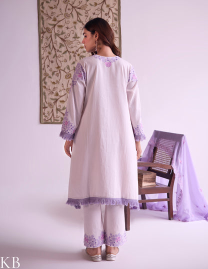 Baby Pink Cotton Satin Suit Set with Fine Aari Embroidery &amp; Violet Organza Dupatta — Bulbul Collection | Kashmiri Summer Festive Wear - Kashmir Box