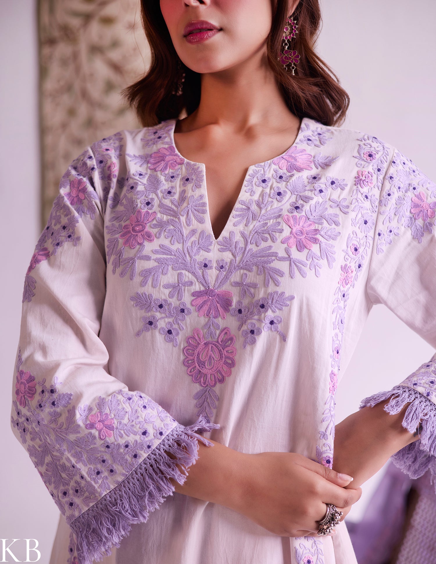 Baby Pink Cotton Satin Suit Set with Fine Aari Embroidery &amp; Violet Organza Dupatta — Bulbul Collection | Kashmiri Summer Festive Wear - Kashmir Box