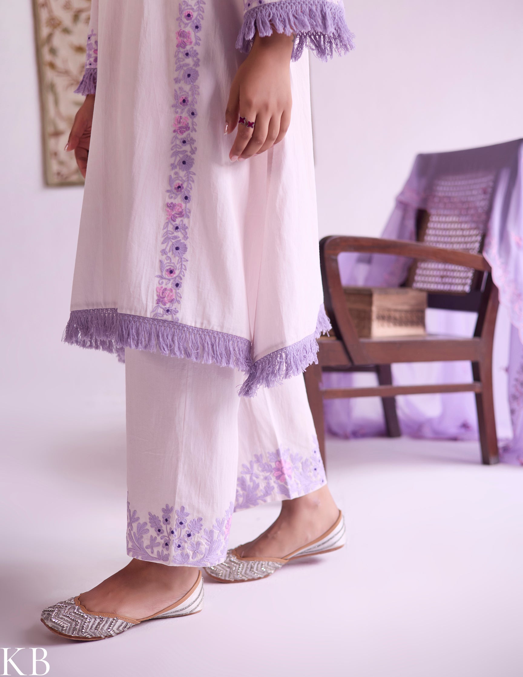 Baby Pink Cotton Satin Suit Set with Fine Aari Embroidery &amp; Violet Organza Dupatta — Bulbul Collection | Kashmiri Summer Festive Wear - Kashmir Box