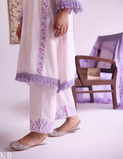Baby Pink Cotton Satin Suit Set with Fine Aari Embroidery &amp; Violet Organza Dupatta — Bulbul Collection | Kashmiri Summer Festive Wear - Kashmir Box
