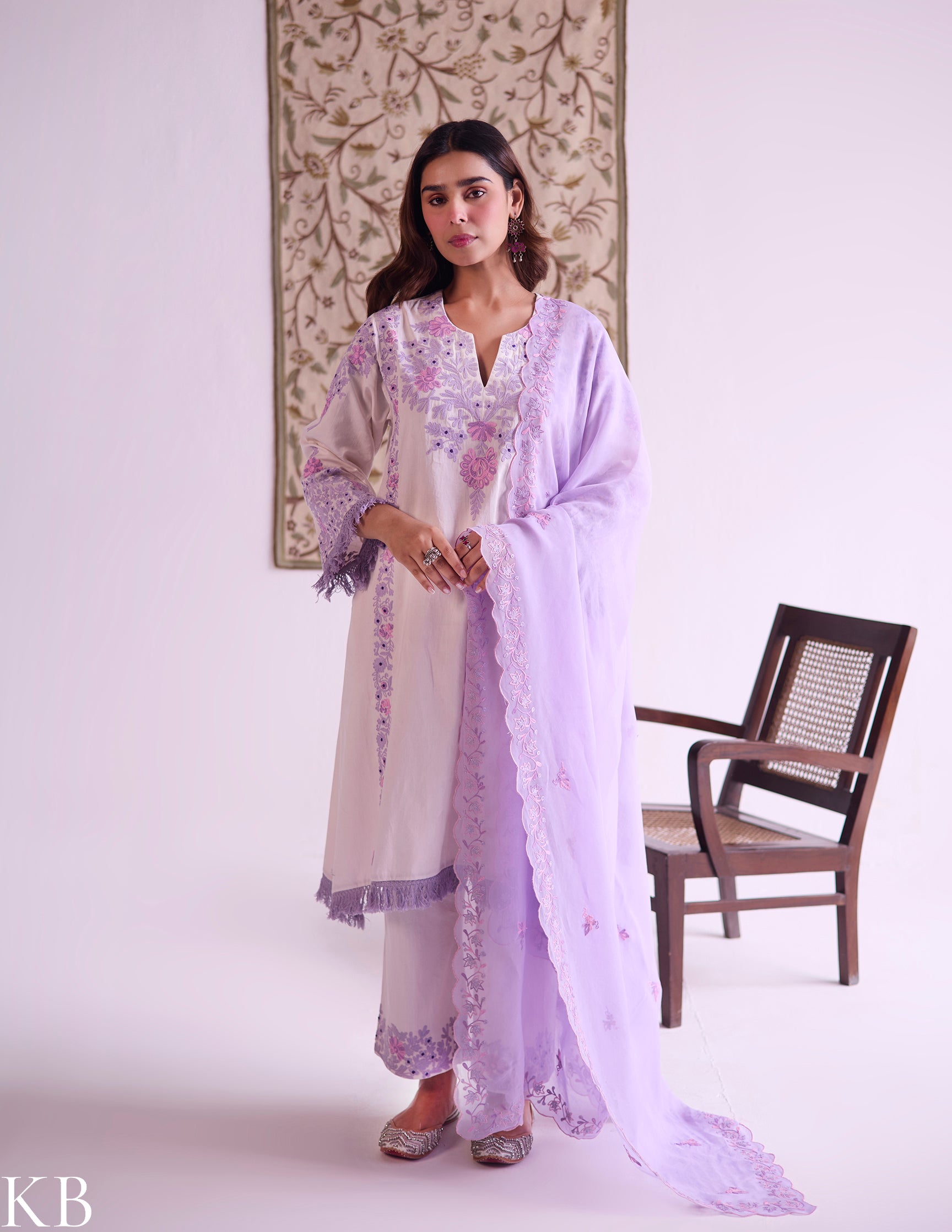 Baby Pink Cotton Satin Suit Set with Fine Aari Embroidery &amp; Violet Organza Dupatta — Bulbul Collection | Kashmiri Summer Festive Wear - Kashmir Box